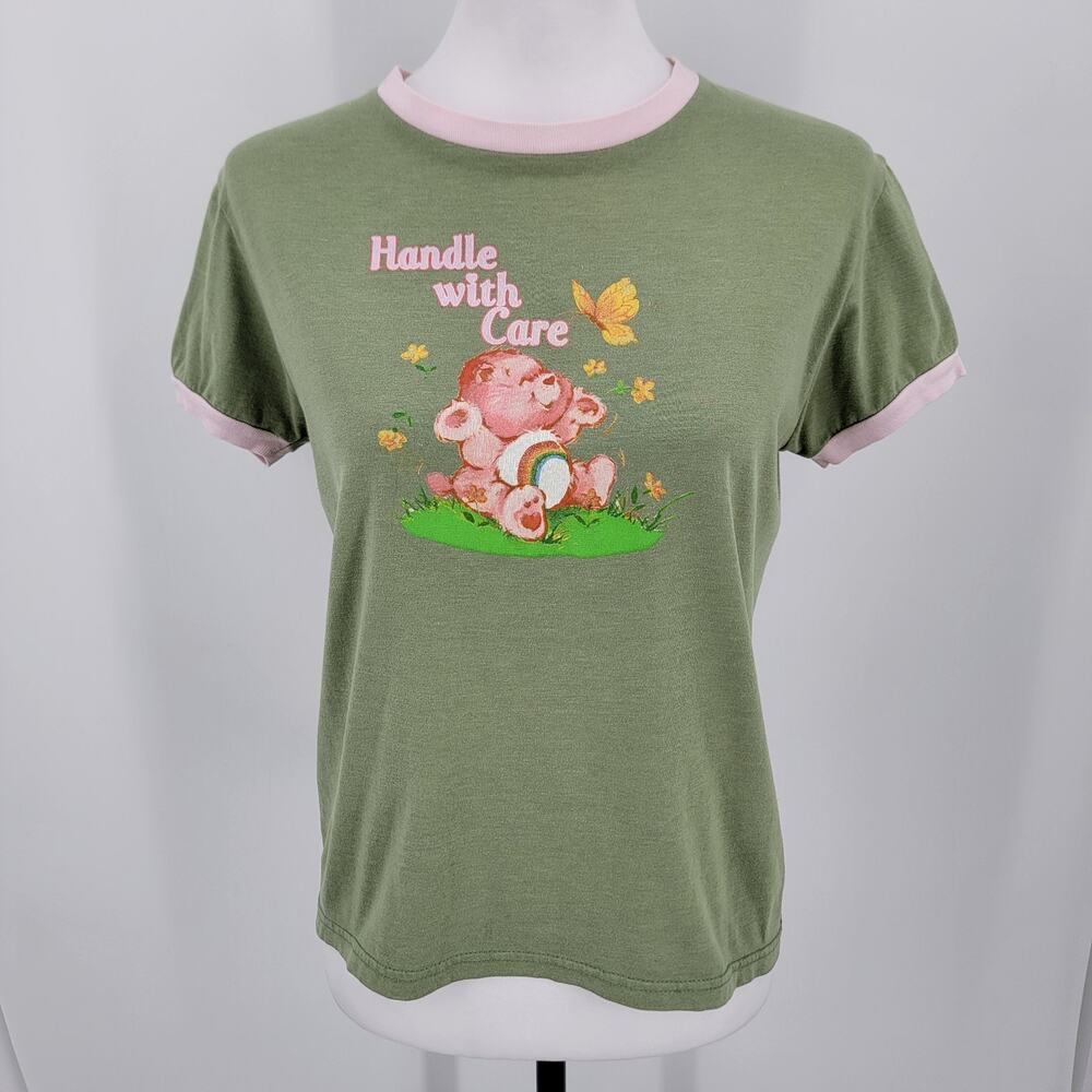 Care Bears T Shirt Womens Large Green Pink Handle With Care Ringer Y2K Vintage